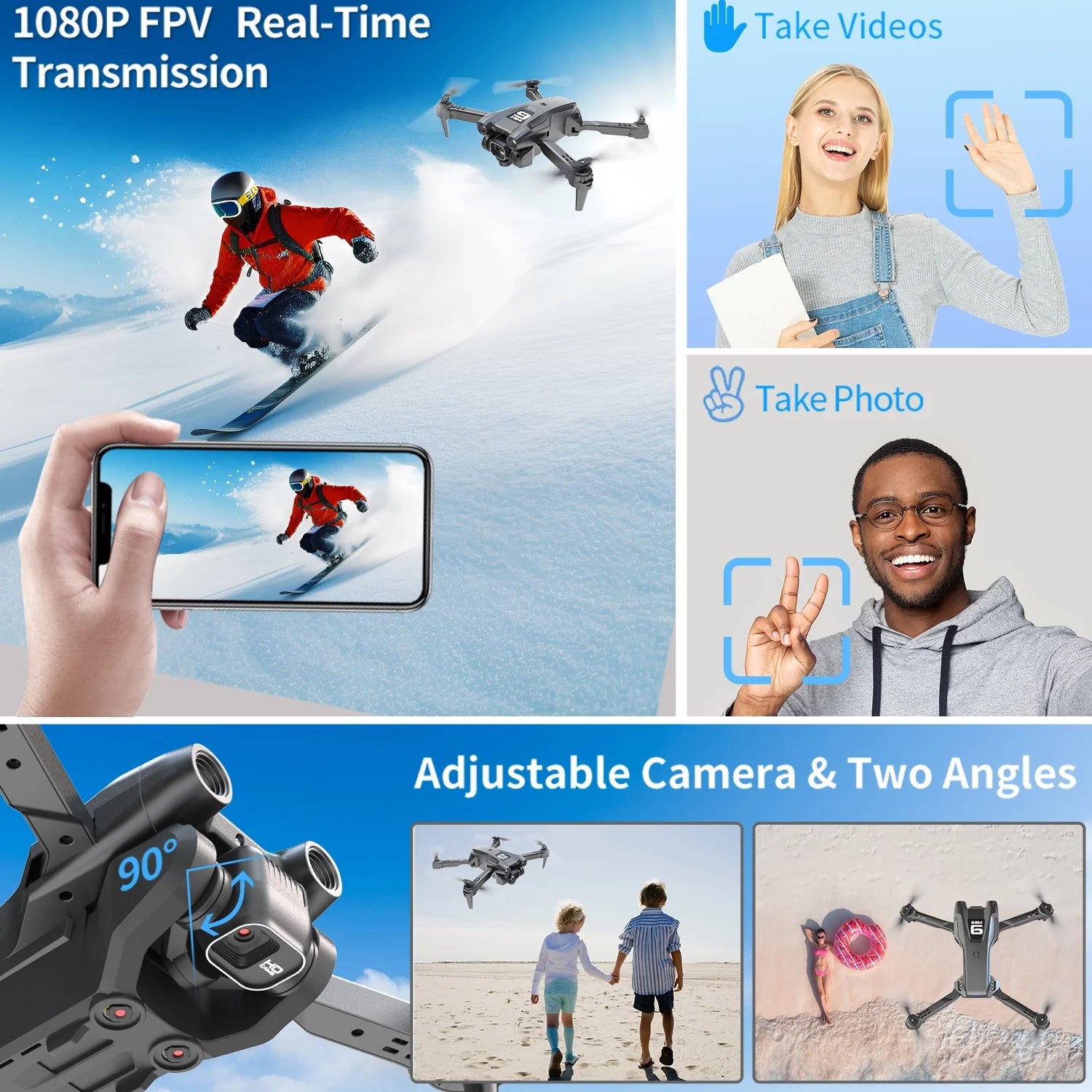 Foldable Drone, 1080P HD FPV Camera Wifi RC Quadcopter, 360° Flip, Waypoint Flight, for Kids Adult and Beginners Black,2 Batteries